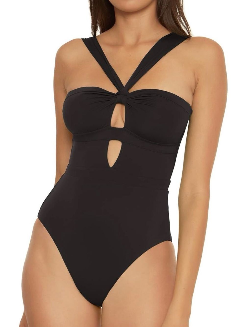 BECCA Convertible Halter One Piece Swimsuit Black Cutout Tie Back Sz Medium NEW